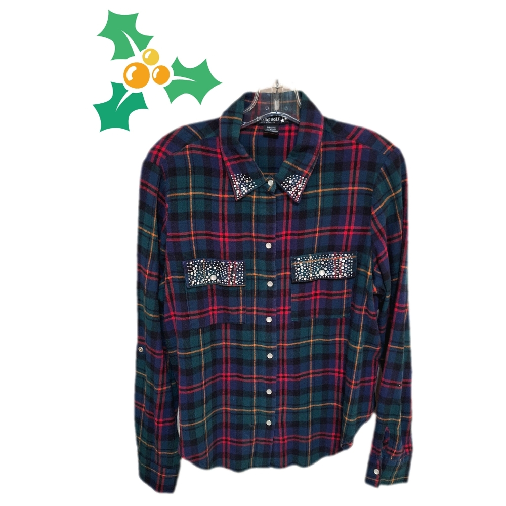 Holiday Plaid Flannel Shirt with sparkly sequins ✨ Long Sleeve